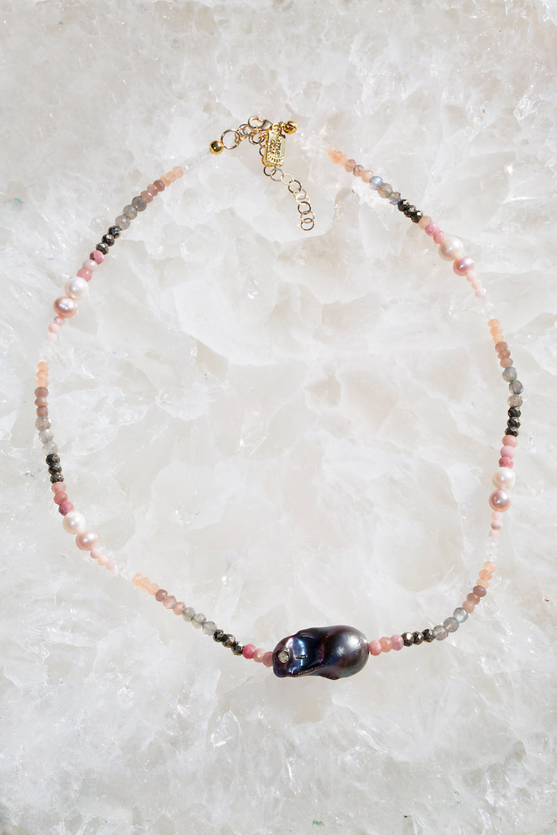blush gemstone and pearl necklace