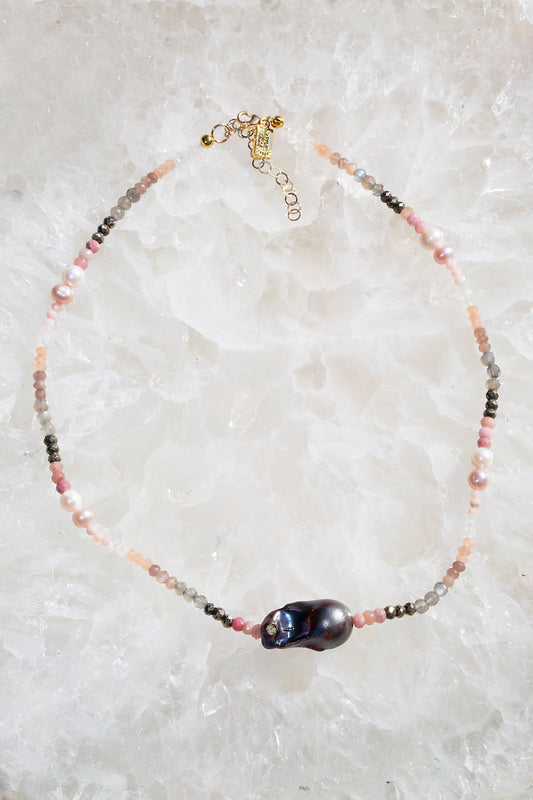 blush gemstone and pearl necklace
