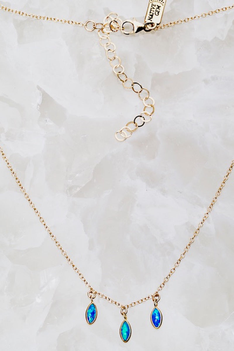 tiny gold teal blue opal necklace