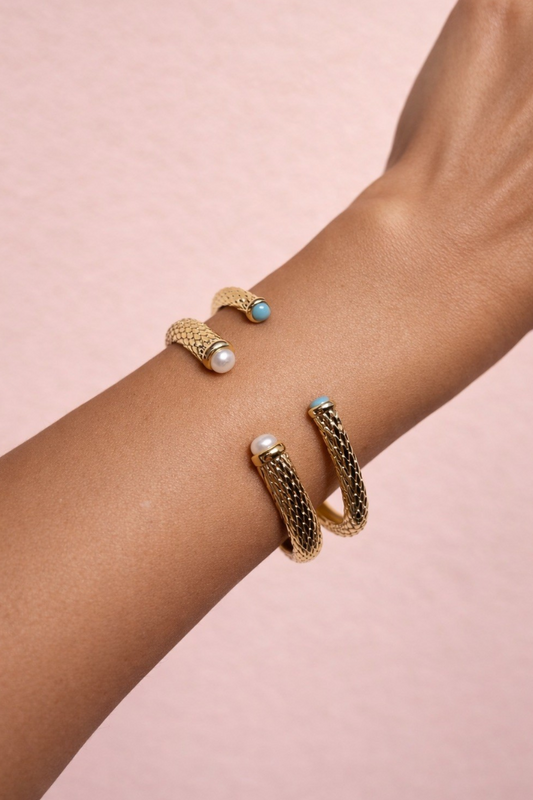 BALI OPEN SLIM GEMSTONE BANGLE-  GOLD + PEARL