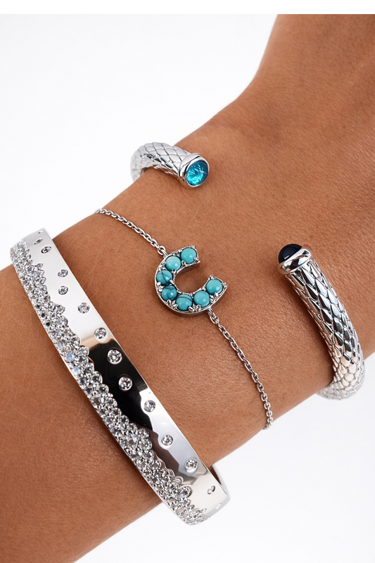 BALI OPEN SLIM GEMSTONE BANGLE- STERLING SILVER + AQUAMARINE