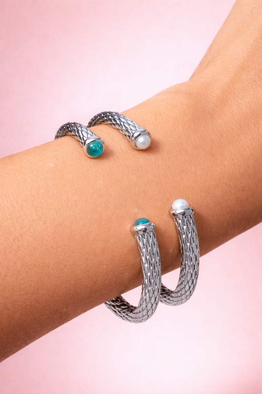 BALI OPEN SLIM GEMSTONE BANGLE- STERLING SILVER + PEARL