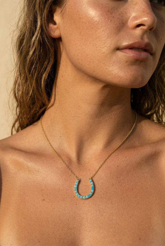 LUCKY HORSESHOE NECKLACE-  GOLD  + TURQUOISE