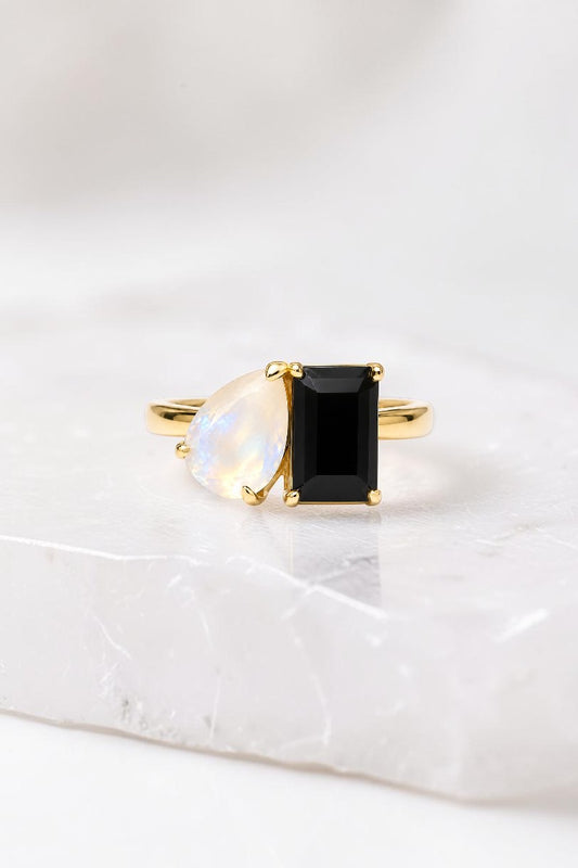 PERFECT PAIR RING- BLACK + RAINBOW MOONSTONE