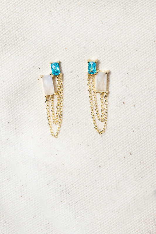 BESTIE BAGUETTE EARRINGS- RAINBOW MOONSTONE + PARAIBA