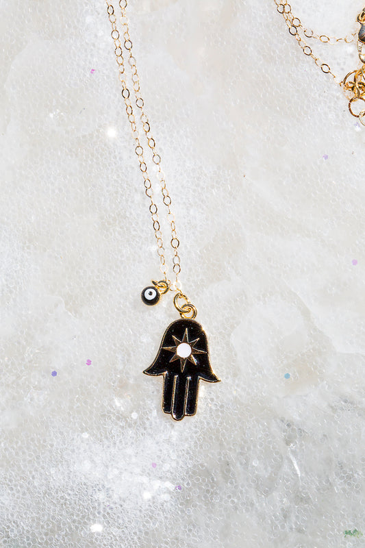 HAPPINESS HAMSA NECKLACE- BLACK