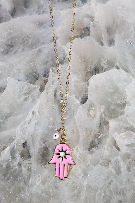 HAPPINESS HAMSA NECKLACE- BUBBLEGUM