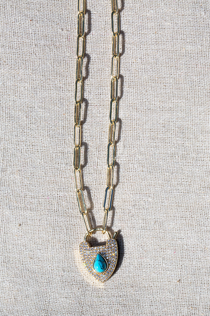 Gemstone Padlock Necklace on Link Chain