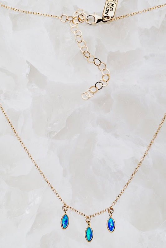 tiny gold teal blue opal necklace 