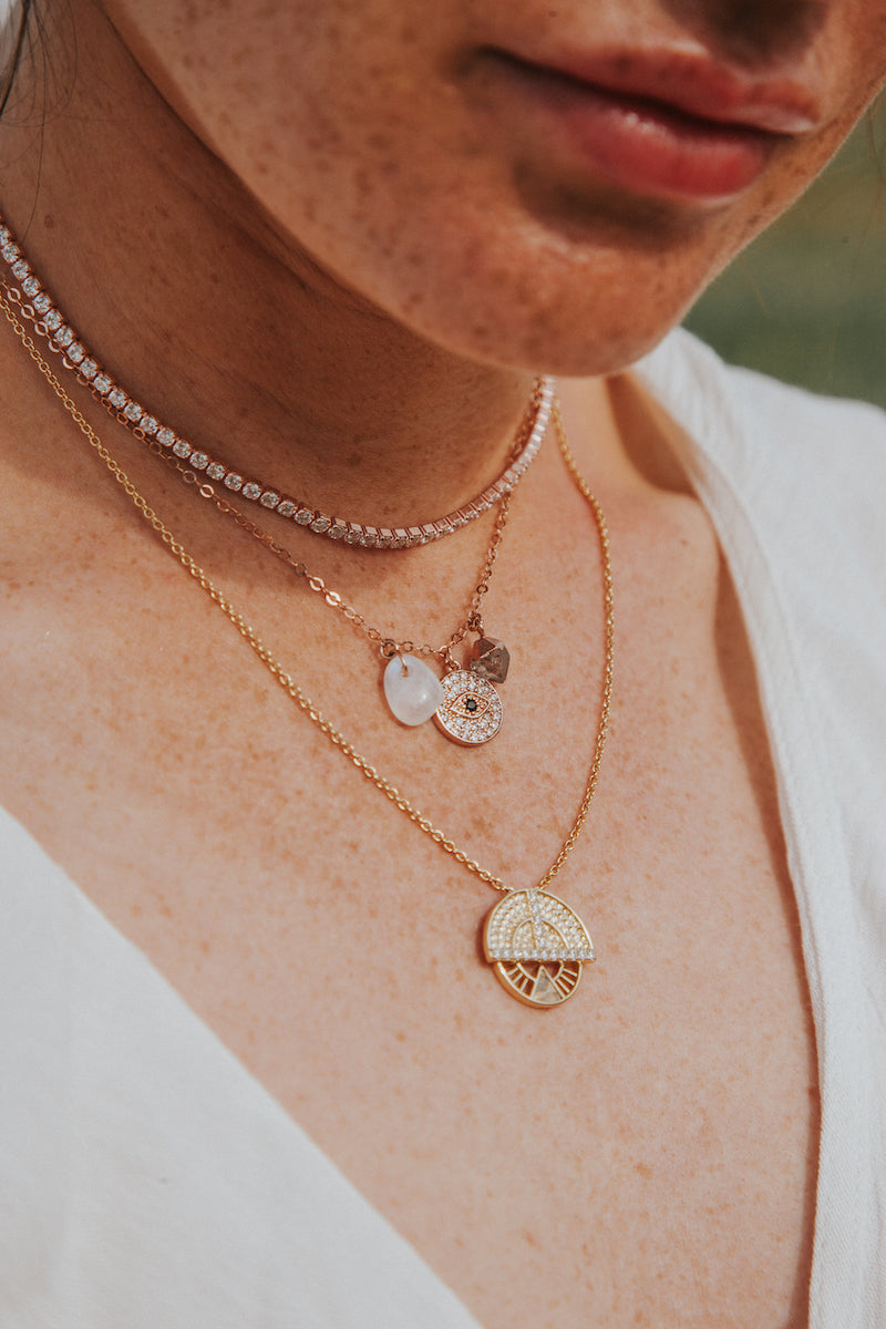 rose gold diamond and evil eye tennis necklace 